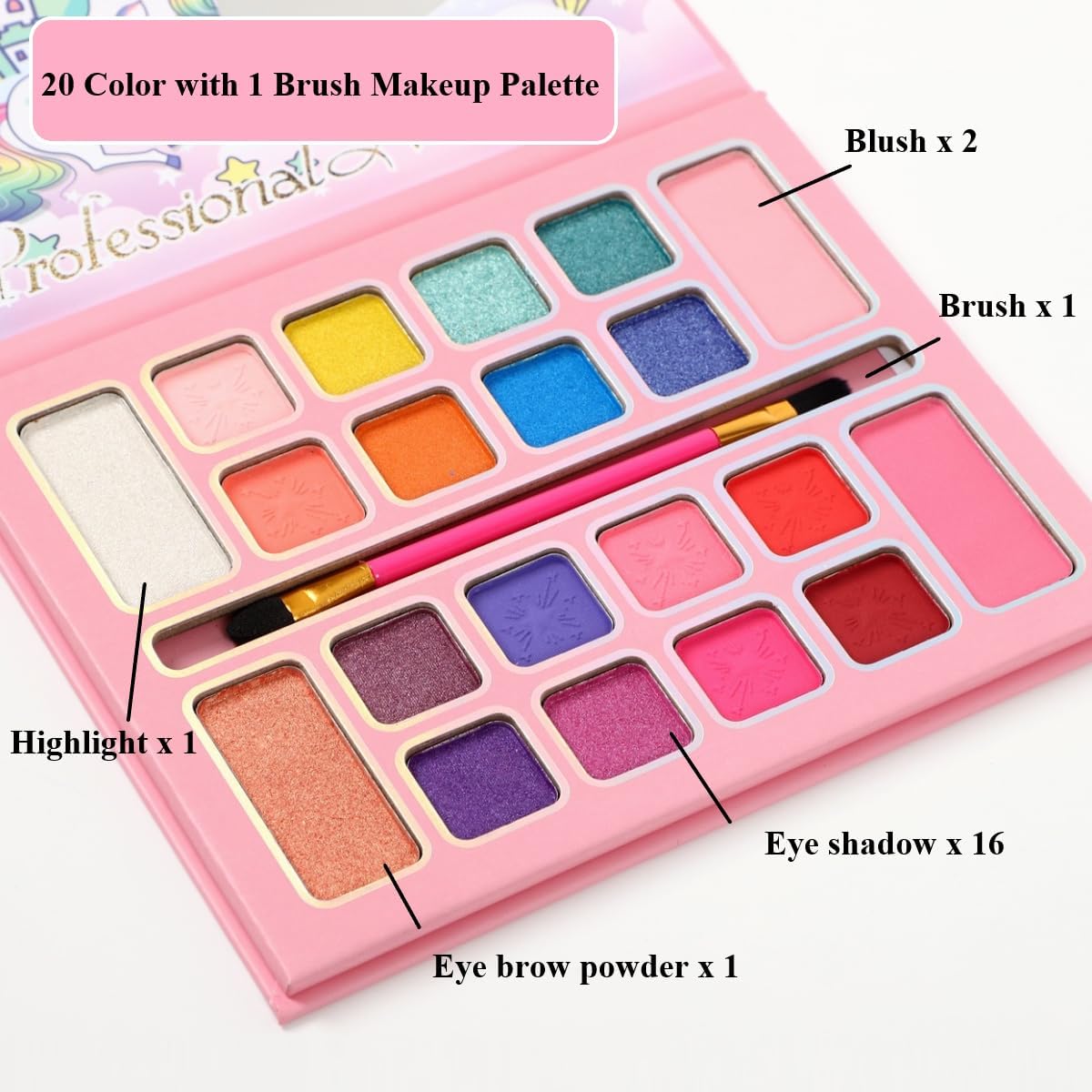 Girls Make-up Set, 20 Colours with brush, Children's eye shadow Blush Highlight, Kids Make-Up Palette children Make up Kit Safe & Washable, Best Girl Gifts