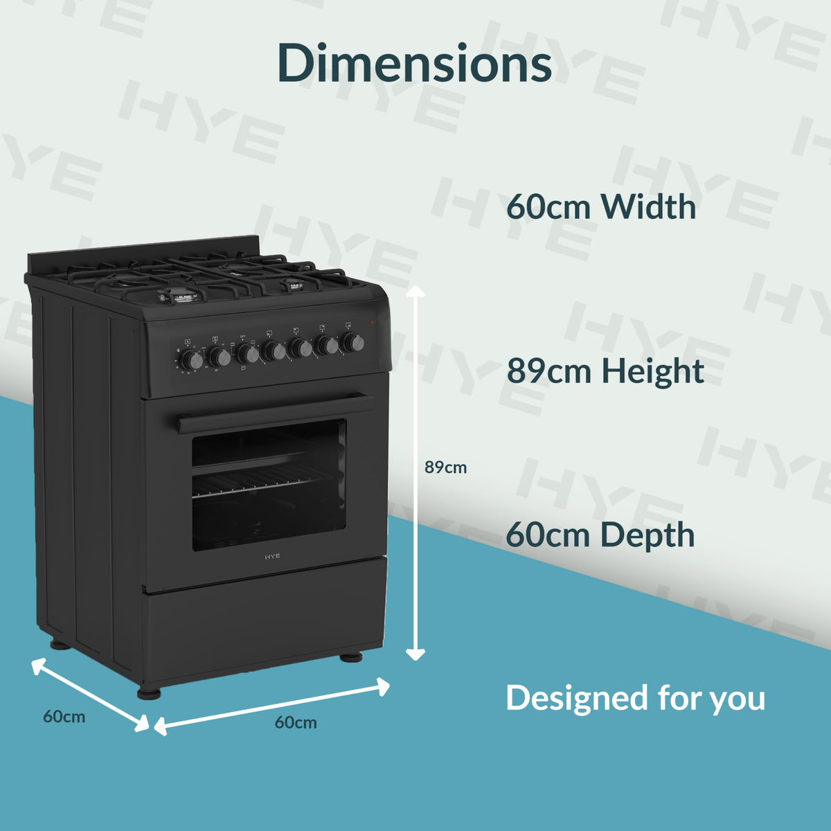 HYE Gas Cooker - 4 Gas Burners, 62L Electric Oven