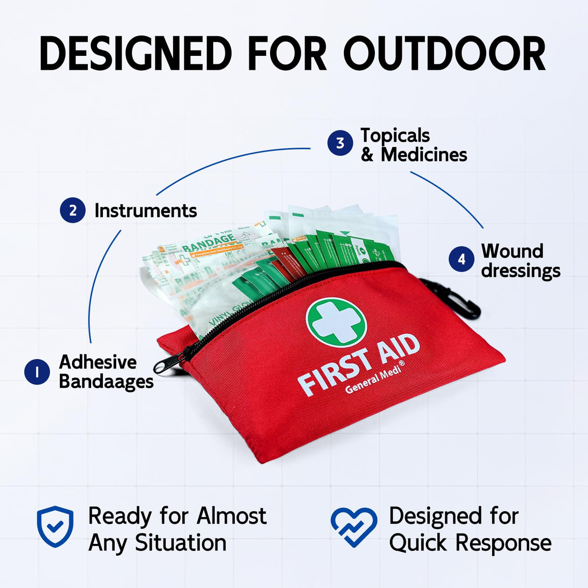 General Medi Mini First Aid Kit, 92 Pieces Small First Aid Kit - Includes Emergency Foil Blanket, Scissors for Travel, Home, Office, Vehicle, Camping, Workplace & Outdoor (Red)