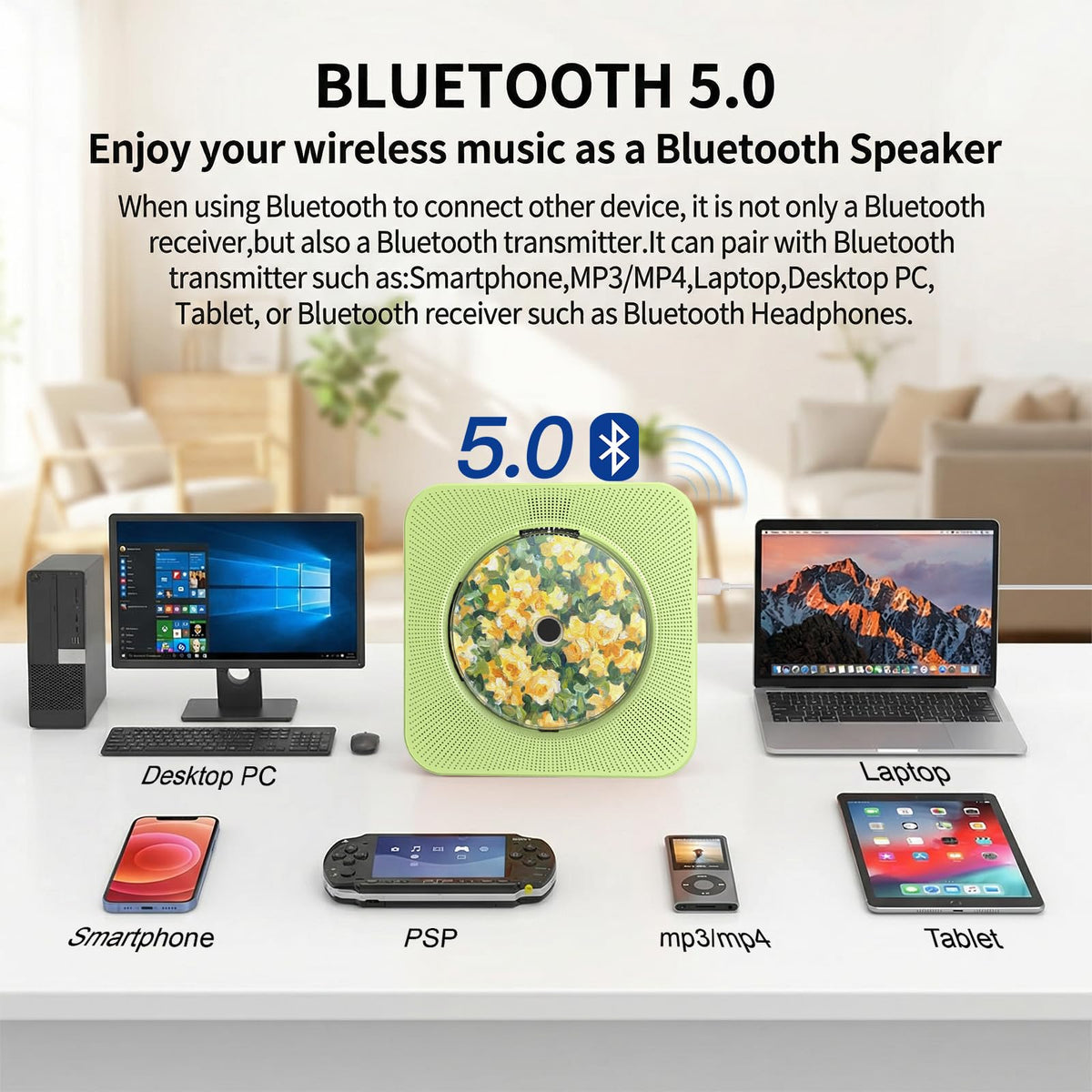 Portable CD Player with Bluetooth, Gueray Desktop CD Players for Home, Bulit-in Double HiFi Speakers, AUX&Headphone Jack, FM Radio Boombox with Remote Control, USB Port,LCD Display (Blue)