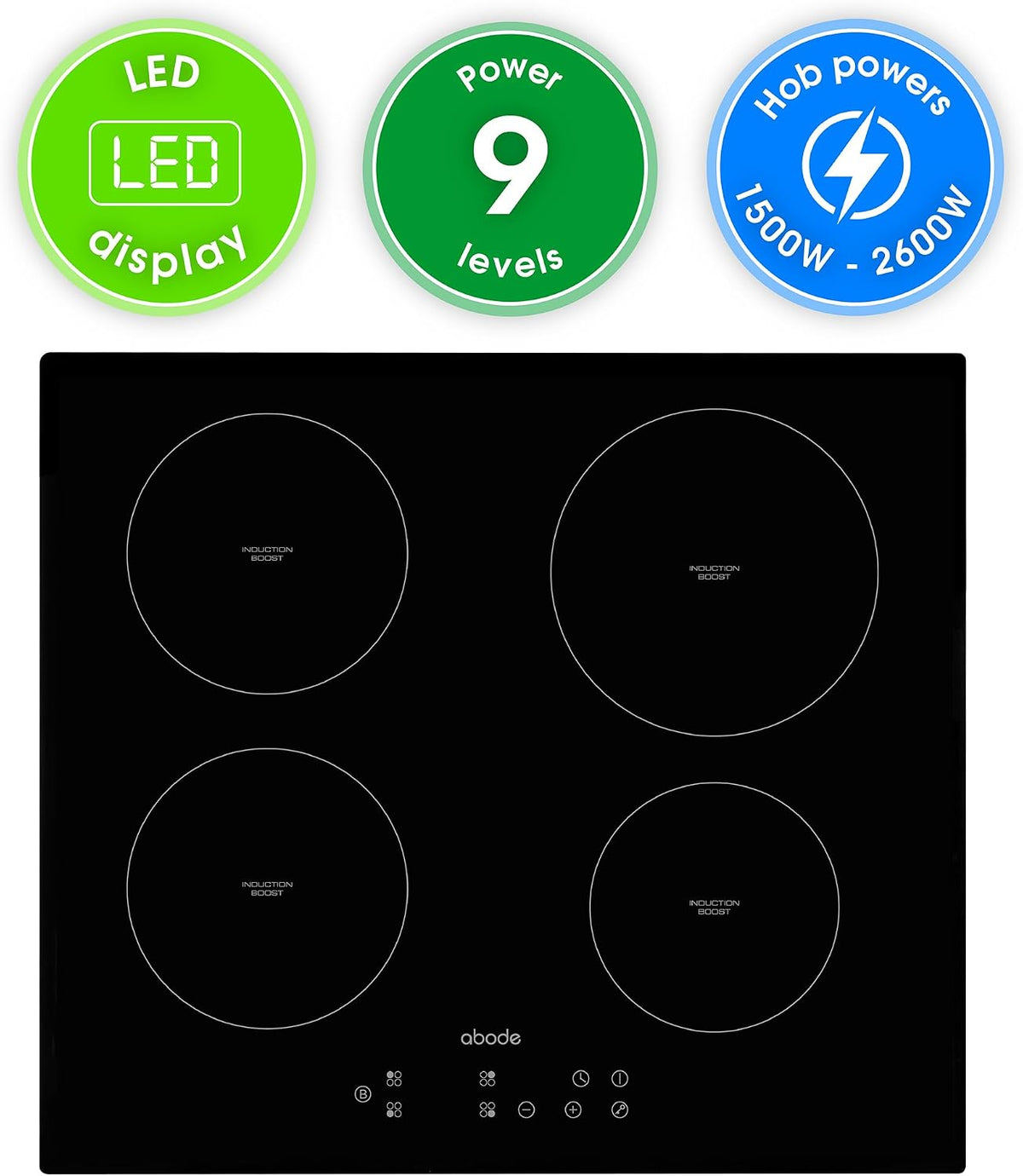 Abode Electric Hob 59cm Ceramic Cooktop with 4 Cooking Zones, 9 Power Levels, Touch Control & Easy Clean, Safety Cut Off, Timer & LED Display, Child Lock & Keep Warm Features A60EH301B