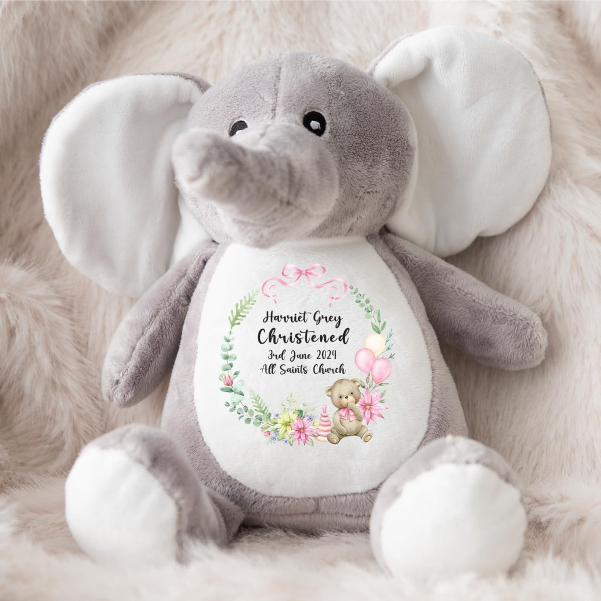 Crafted Memories - Personalised Bunny Rabbit | Custom Name & Date | Christening & Baptism Keepsake | Baby Girl & Boy | Soft Grey, White | Ideal 1st Birthday Present