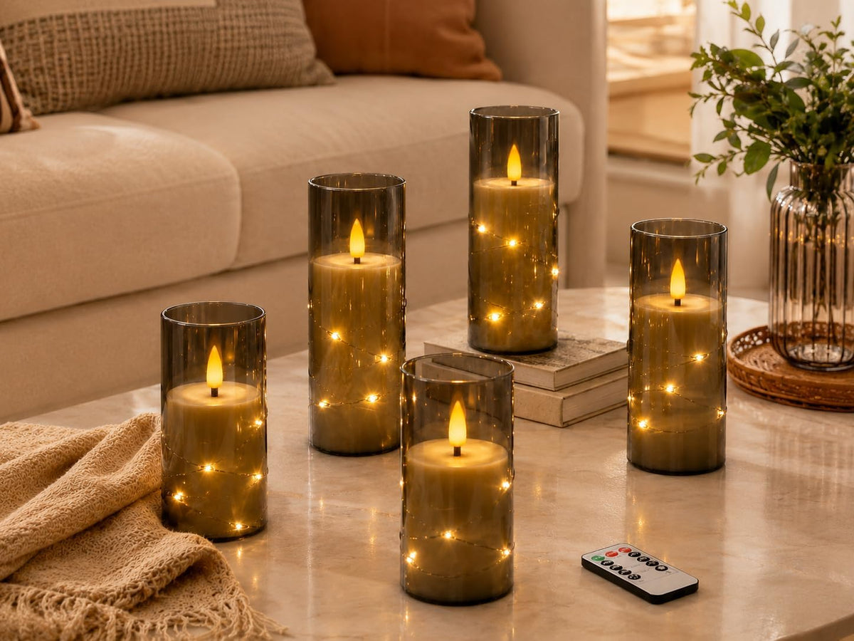 5 Pack Ivory Transparent Taper Candles, Black Wick Flickering Flameless LED Candles with Fairy Lights, Heat Resistant Reusable Plastic Candles, Remote Control, 14/14/16/18/20cm, Indoor Outdoor Decor
