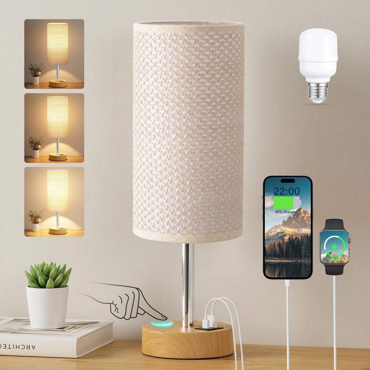 Aooshine Grey Table Lamp, 3-Way Dimmable, USB A + C Charging