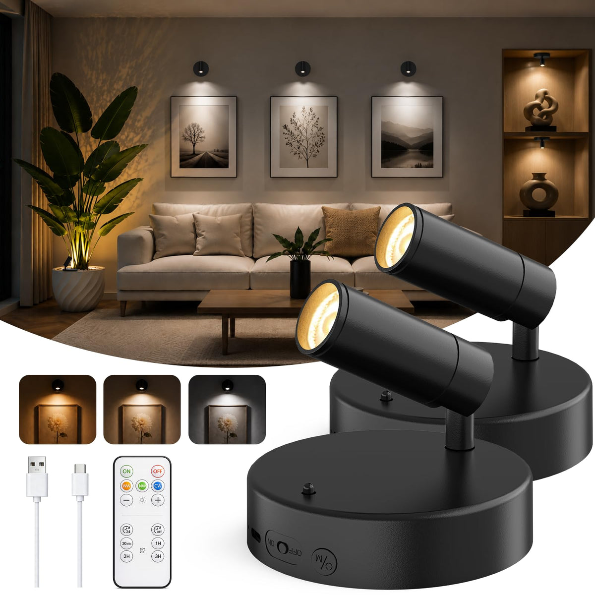 GOODEA Battery Operated Spot Light Indoor with Remote, Up to 30 Days, 3 CCT