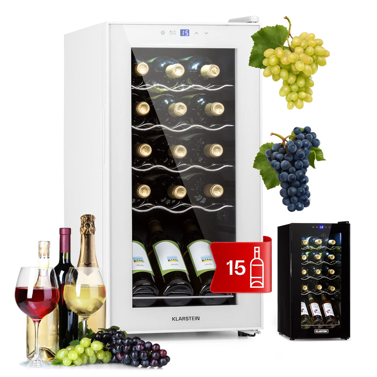 KLARSTEIN Shiraz Wine Cooler Black – 8 Bottles, 1 Zone | Freestanding Wine Fridge with Glass Door, Quiet, 5–18 °C, LED, Stainless Steel Frame