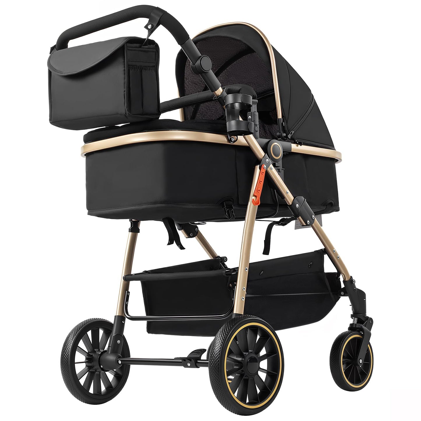 PU Leather 3 in 1 Pushchair Travel System, Toddler Stroller, Baby Pram 3 in 1, Infant Carriage with One-Click Folding, Newborn Buggy with Aluminum Frame (V6 Black)