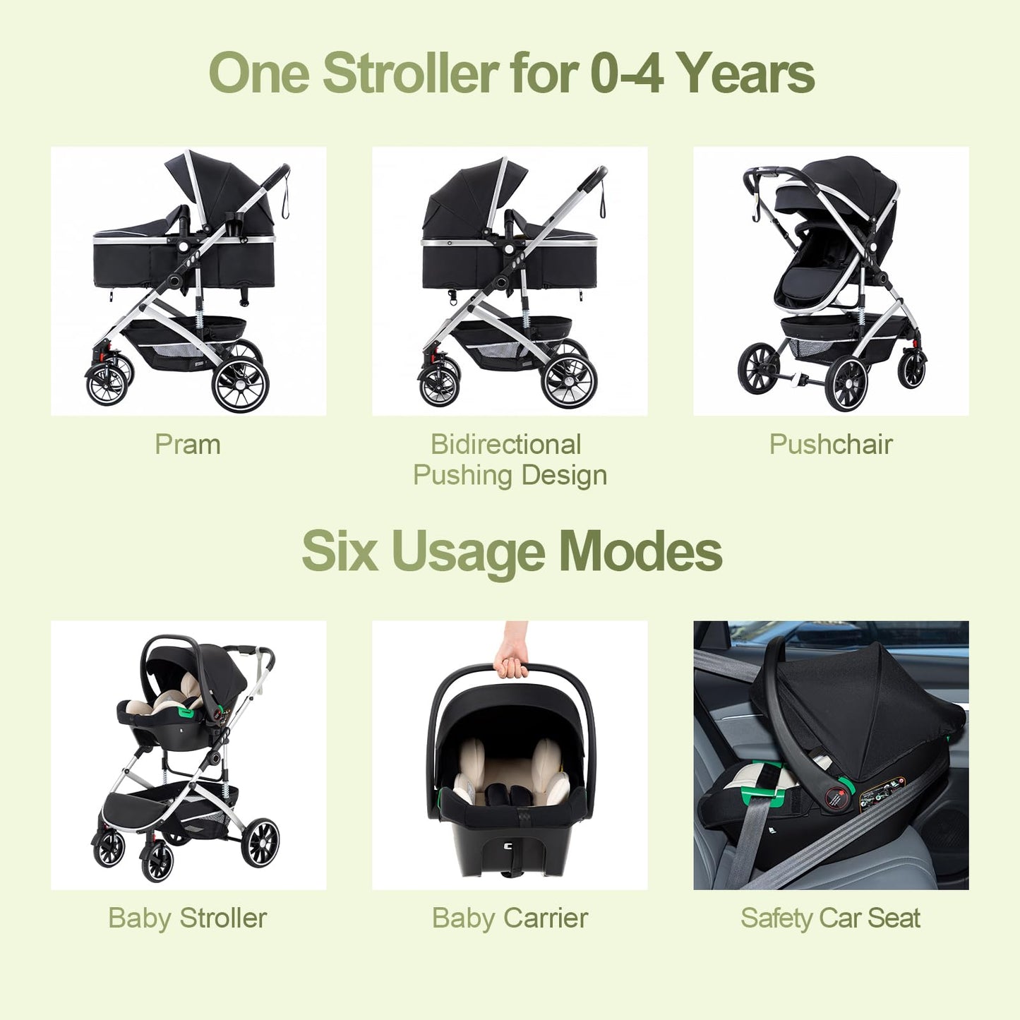 Zkipm Baby Pram 3 in 1, Foldable Baby Stroller,Pram Set Travel with Adjustable-Height Push Handle, Present Rain Cover, Mosquito Net, Bag, Cooling Mat, ect for Ages 0–3