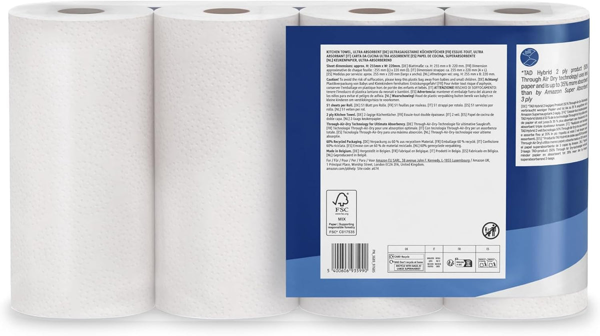 by Amazon Ultra Absorbent TAD Kitchen Roll, 4 Rolls (Pack of 1), 51 Sheets per Roll