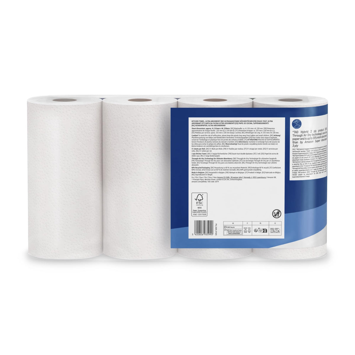by Amazon Ultra Absorbent TAD Kitchen Roll, 4 Rolls (Pack of 1), 51 Sheets per Roll