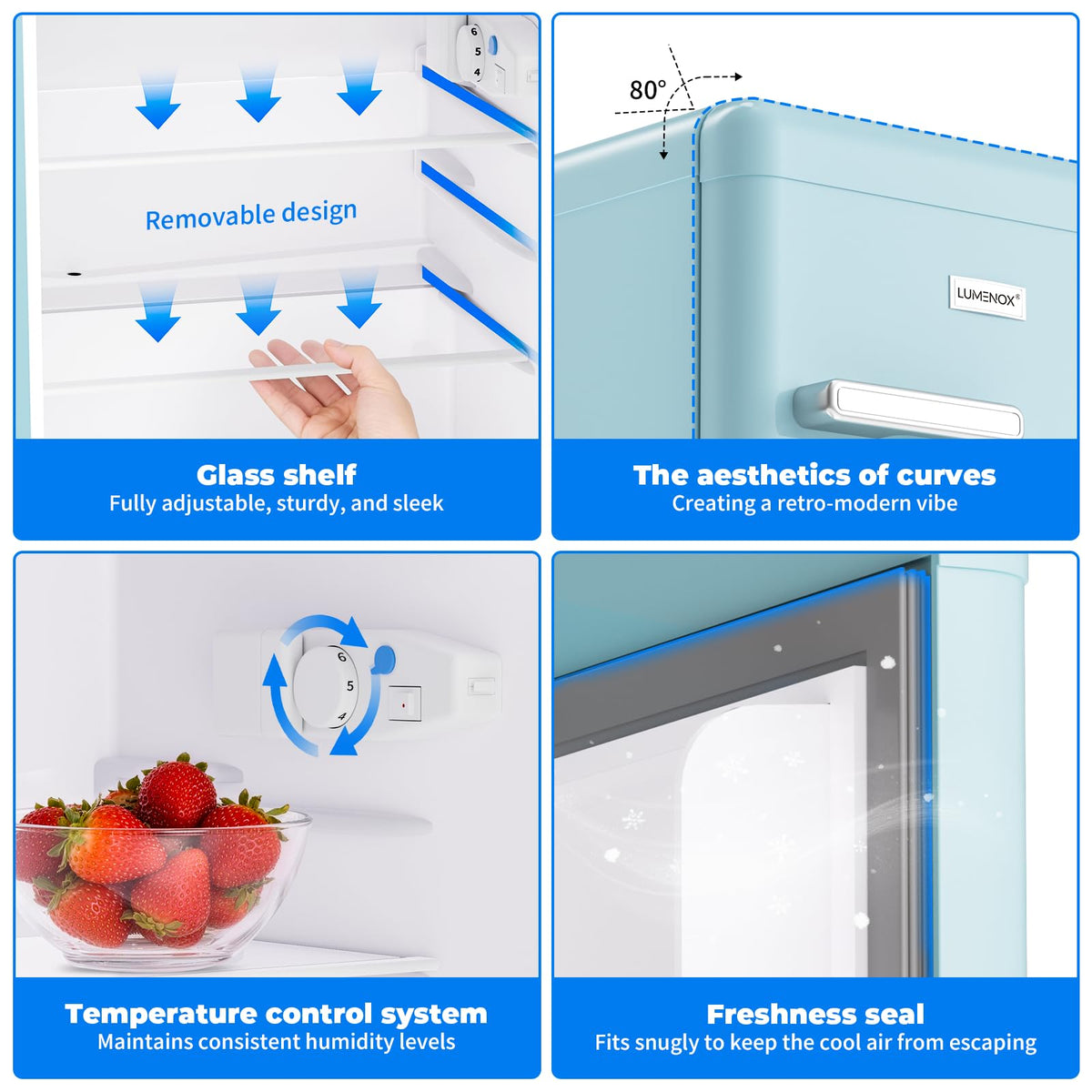 Retro Mini Fridge, 72L Compact Refrigerator, 43dB Quiet Operation, Adjustable 7-Temp Control, with LED Light, for Bedroom, Office, Kitchen & RV