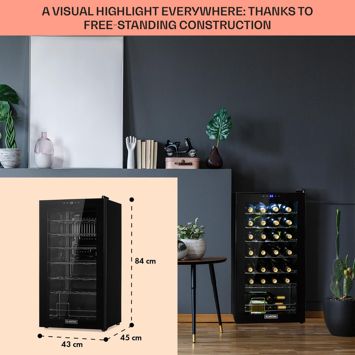 KLARSTEIN Shiraz Wine Cooler Black – 8 Bottles, 1 Zone | Freestanding Wine Fridge with Glass Door, Quiet, 5–18 °C, LED, Stainless Steel Frame