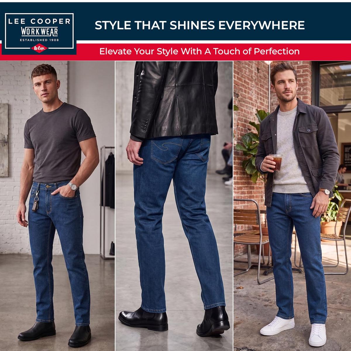 Lee Cooper Men's Jeans Classic Regular Fit with 5 Pockets Design Zip Fly & Belt Loop Heavy Duty Denim Wash Stretch Plain Casual Workwear Durable Utility Straight Leg Work Pants (Black/Navy)