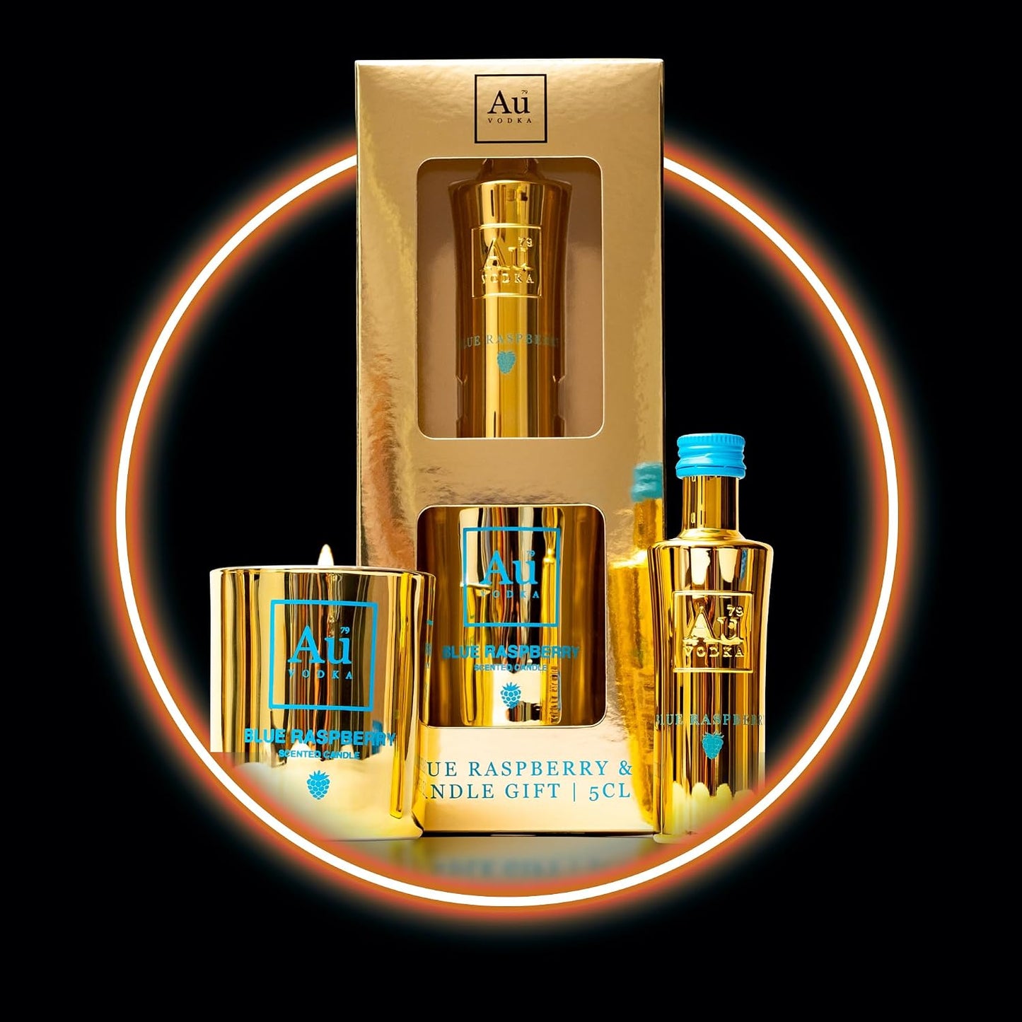 Au Vodka Gift Set - Blue Raspberry Flavoured Vodka 5cl Miniature & Candle - Official Licensed - Birthday Gifts for Men and Women - Handcrafted In The UK, Alcohol Gift Set, Fathers Day