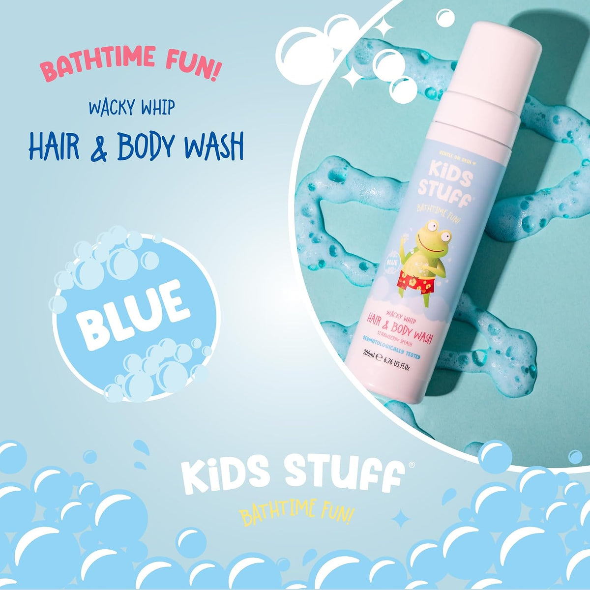 Kids Stuff Blue Wacky Whip Foaming Hair & Body Wash with Strawberry Splash Fragrance | Dermatologically Tested Kids Hair & Body Wash | Gently Cleanses Hair & Skin | Vegan | Cruelty Free | 200ml