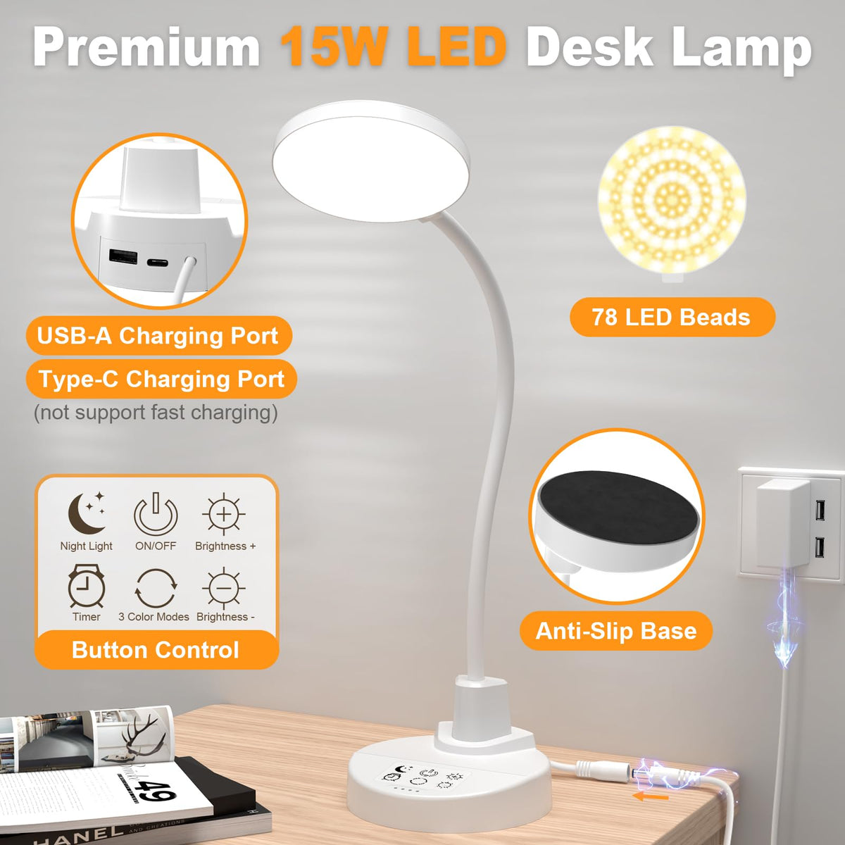 60 LED Desk Lamp with USB Charging Ports – Dimmable Table Lamp with 3 Color Temps, 5 Brightness, 4 Timers, 15W Flexible Gooseneck Light with Base, Eye-Caring Reading Light for Home Office, Bedroom