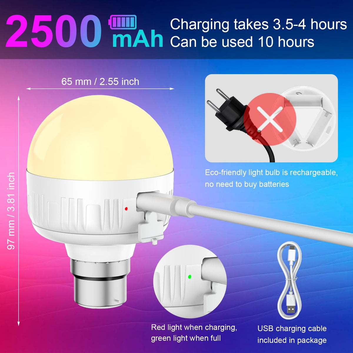 LGMCF E14 Rechargeable Light Bulb, 8W, 3 Colors, Timer, Dimmable, 2 Pack