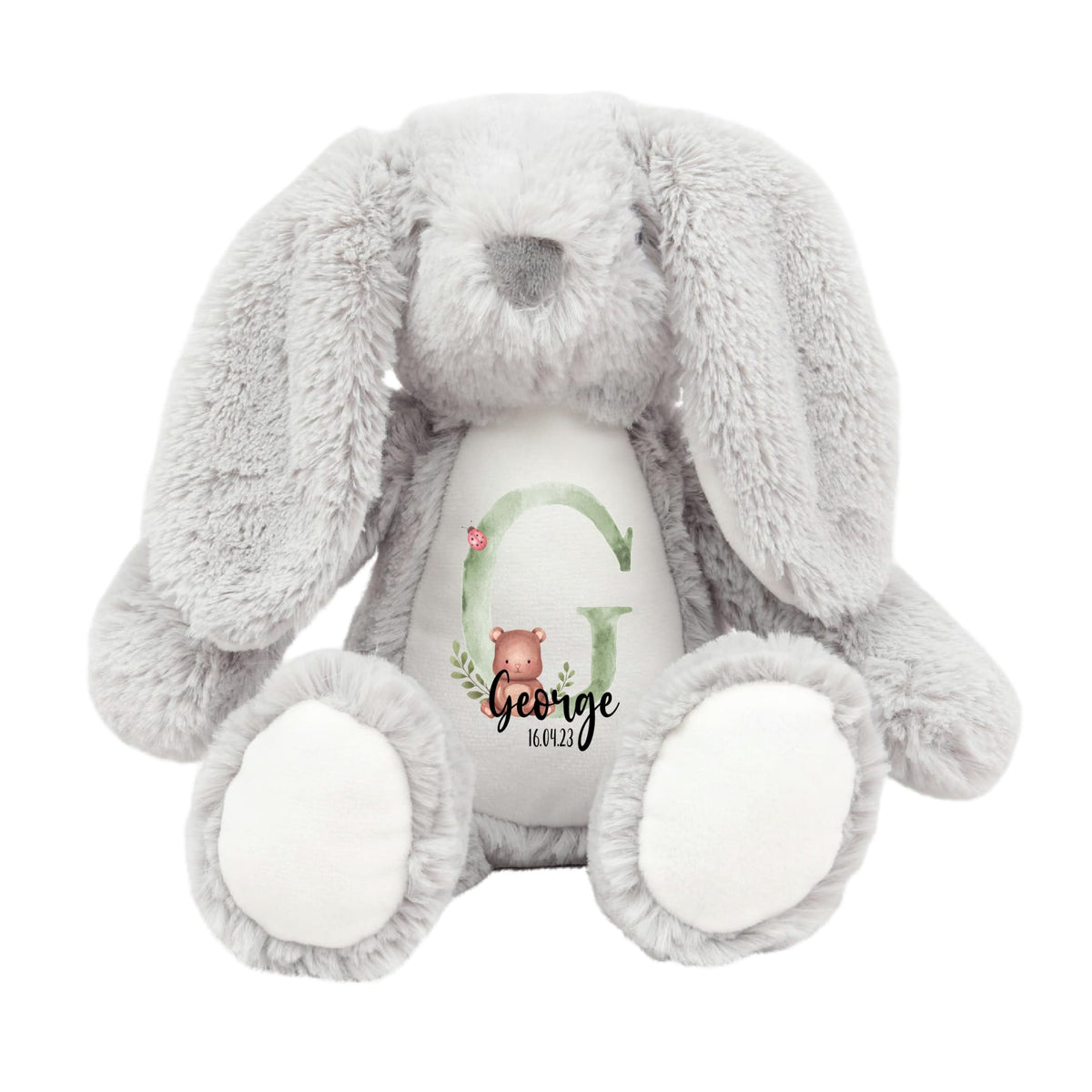 Crafted Memories - Personalised Teddy | Velveteen Bunny Soft Toy | Customisable Name for Newborns | Keepsake for Boys & Girls | Baby Shower Item | Pink Initial | Grey or White, 20-23cm