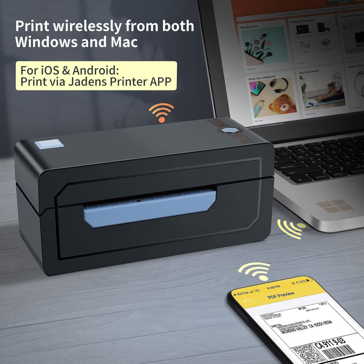JADENS Bluetooth Thermal Label Printer, 4x6 Shipping Label Printer, 50 Labels Included, Compatible with Hermes, Royal Mail, DHL, DPD, Evri, Amazon, Shopify