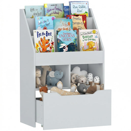 HOMCOM Kids Bookshelf with Moveable Drawer, Montessori-Inspired Children's Bookcase with Wheels, Toy Organiser for Bedroom, Playroom - White