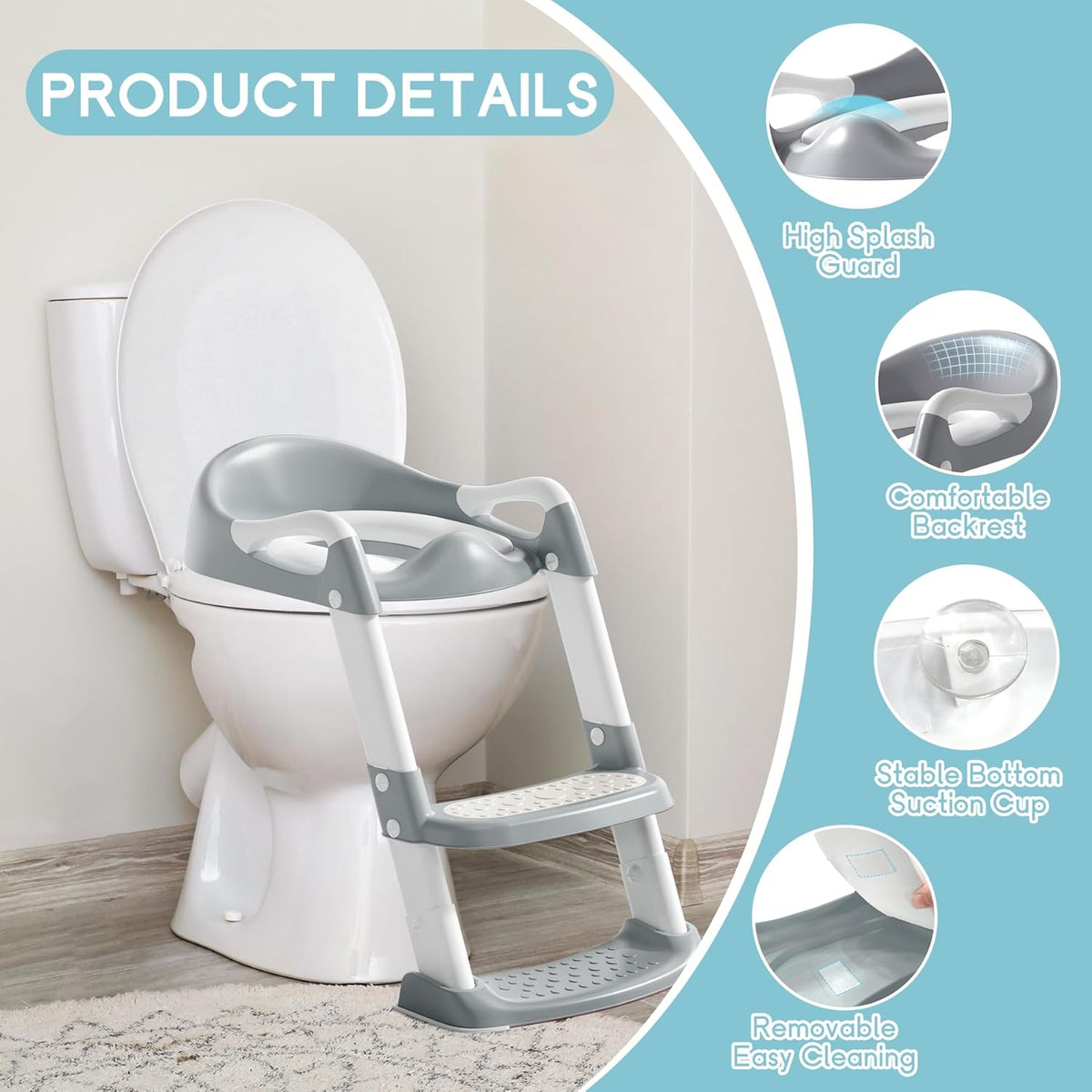 COOSEYA Potty Training Toddler Toilet Seat,Kids Toilet Seat and Step,Grey