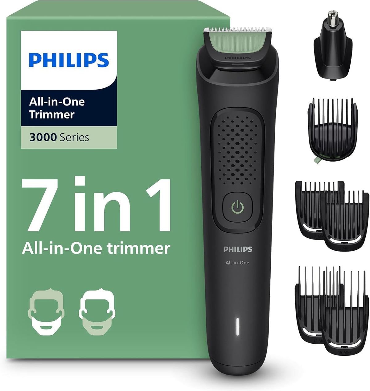 Philips Multigroom 3000 Series All-in-One 7-Piece Trimmer - Shaver and Clipper for Beard and Hair, Self-Sharpening Skin-Friendly Blades, 10 Length Settings, Model MG3930/15