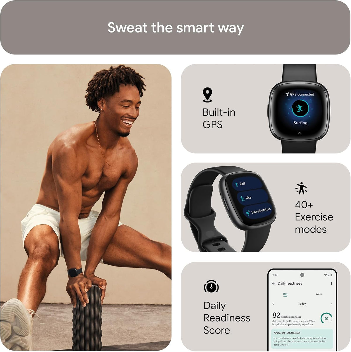 Fitbit Google Versa 4 Fitness Smartwatch with 3 Months Google Health Membership Included and up to 6 days battery life - compatible with iOS & Android, Black/Graphite Aluminium