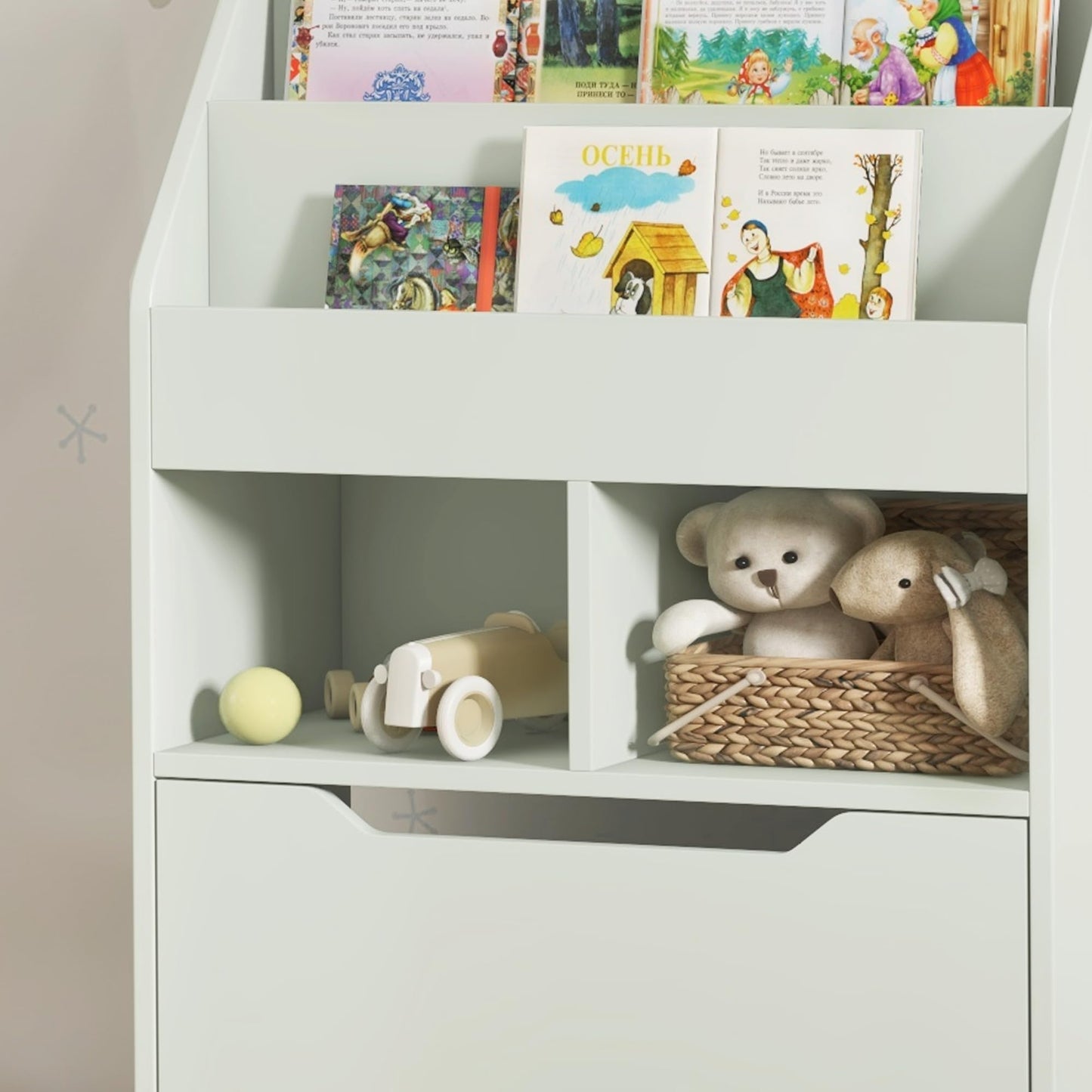 HOMCOM Kids Bookshelf with Moveable Drawer, Montessori-Inspired Children's Bookcase with Wheels, Toy Organiser for Bedroom, Playroom - White