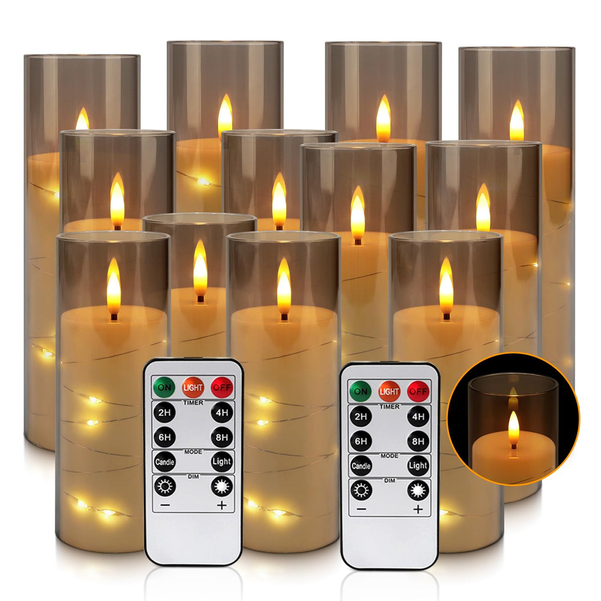 LIVEN Flickering Flameless Candles Battery Operated with Remote,Led Pillar Candles with Realistic Moving Wick Candles for Halloween,Christmas,Home Decor Pack of 12 (D2.2 xH 5" 6" 7")(White)