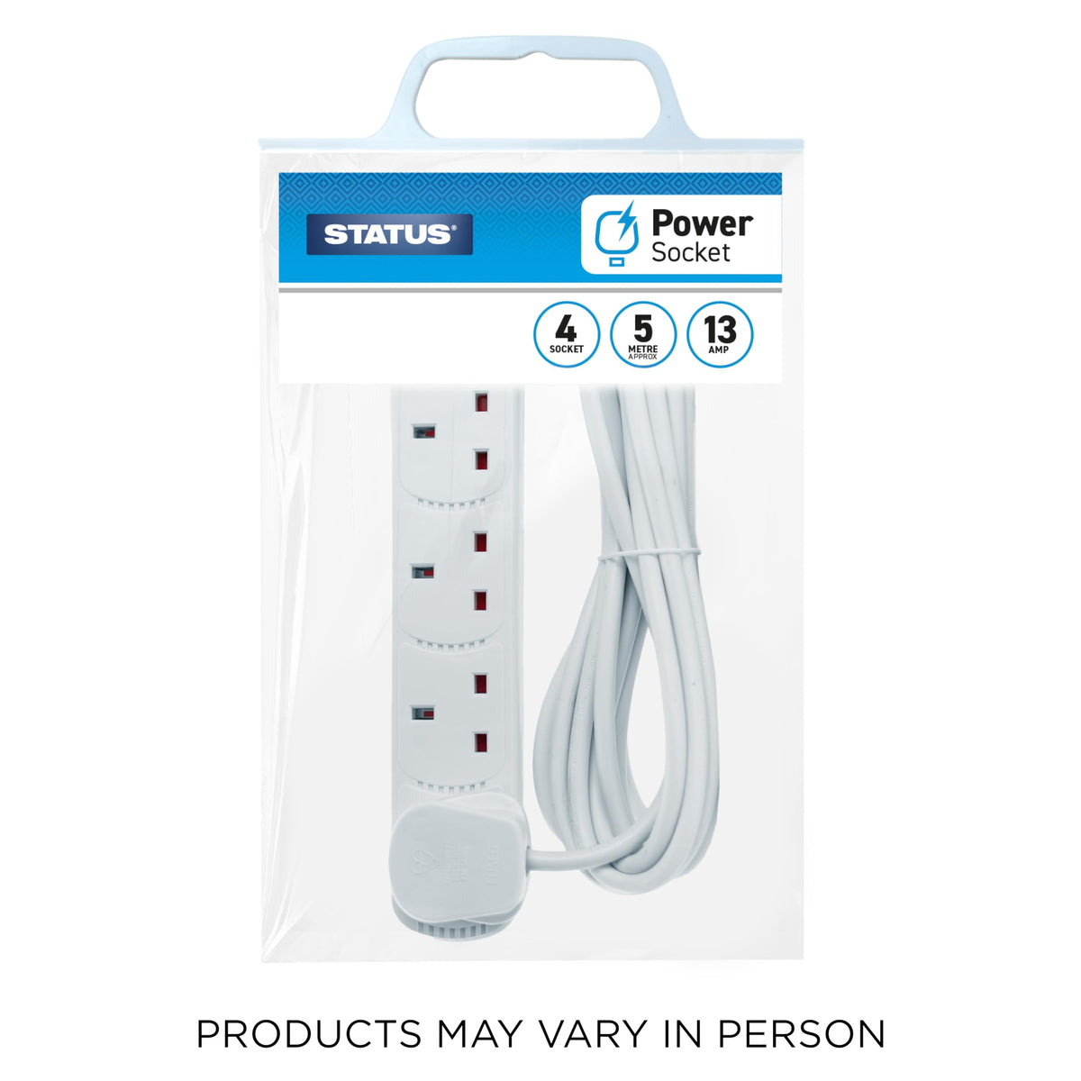 STATUS 4 Way Socket Extension Lead, 4m Cable with Neon Power Indicator, 13A Multi-Plug Strip for Home or Office, Wall Mountable, White (S4W4MS6)