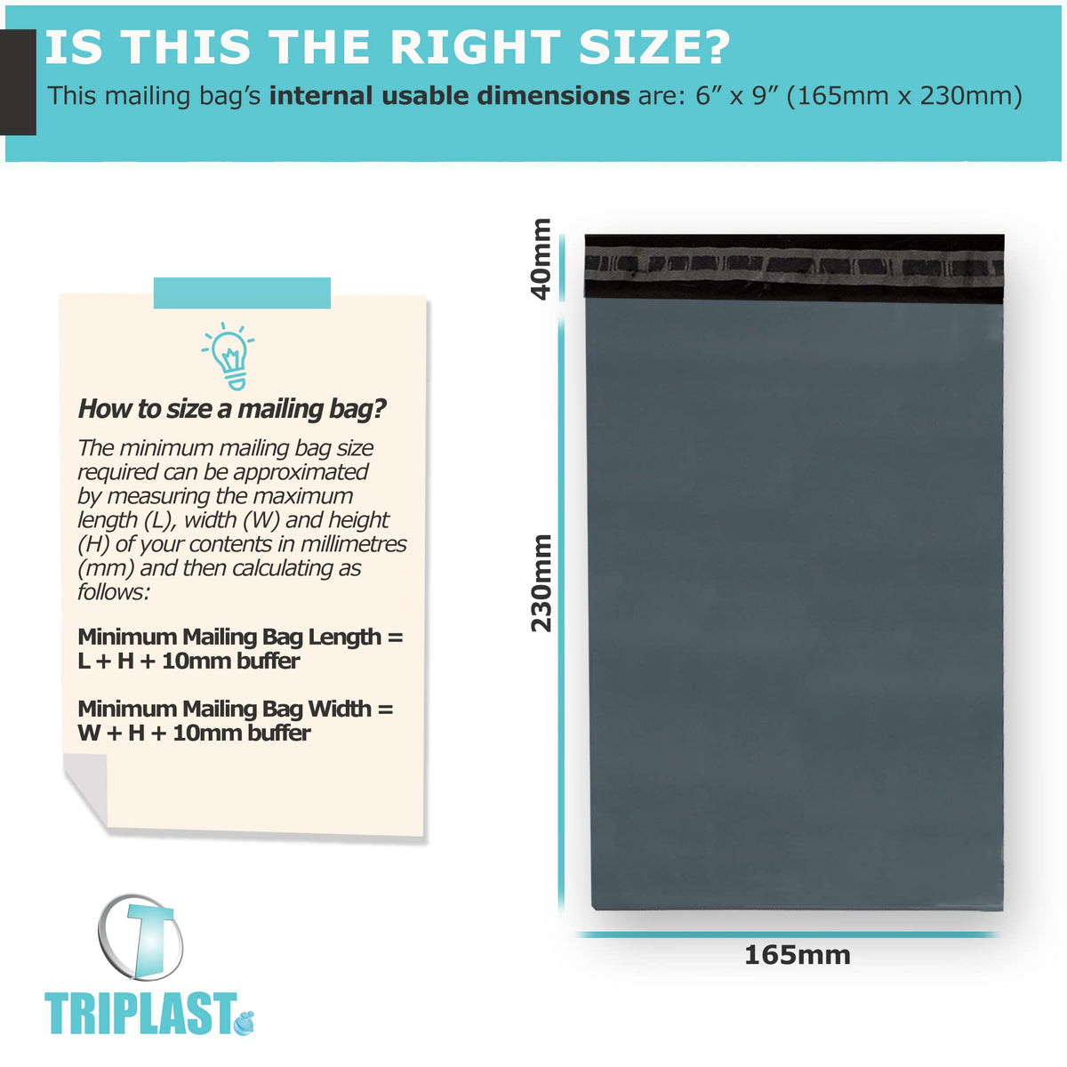 Triplast 6 x 9-Inch Plastic Mailing Postal Bag - Grey (Pack of 100)