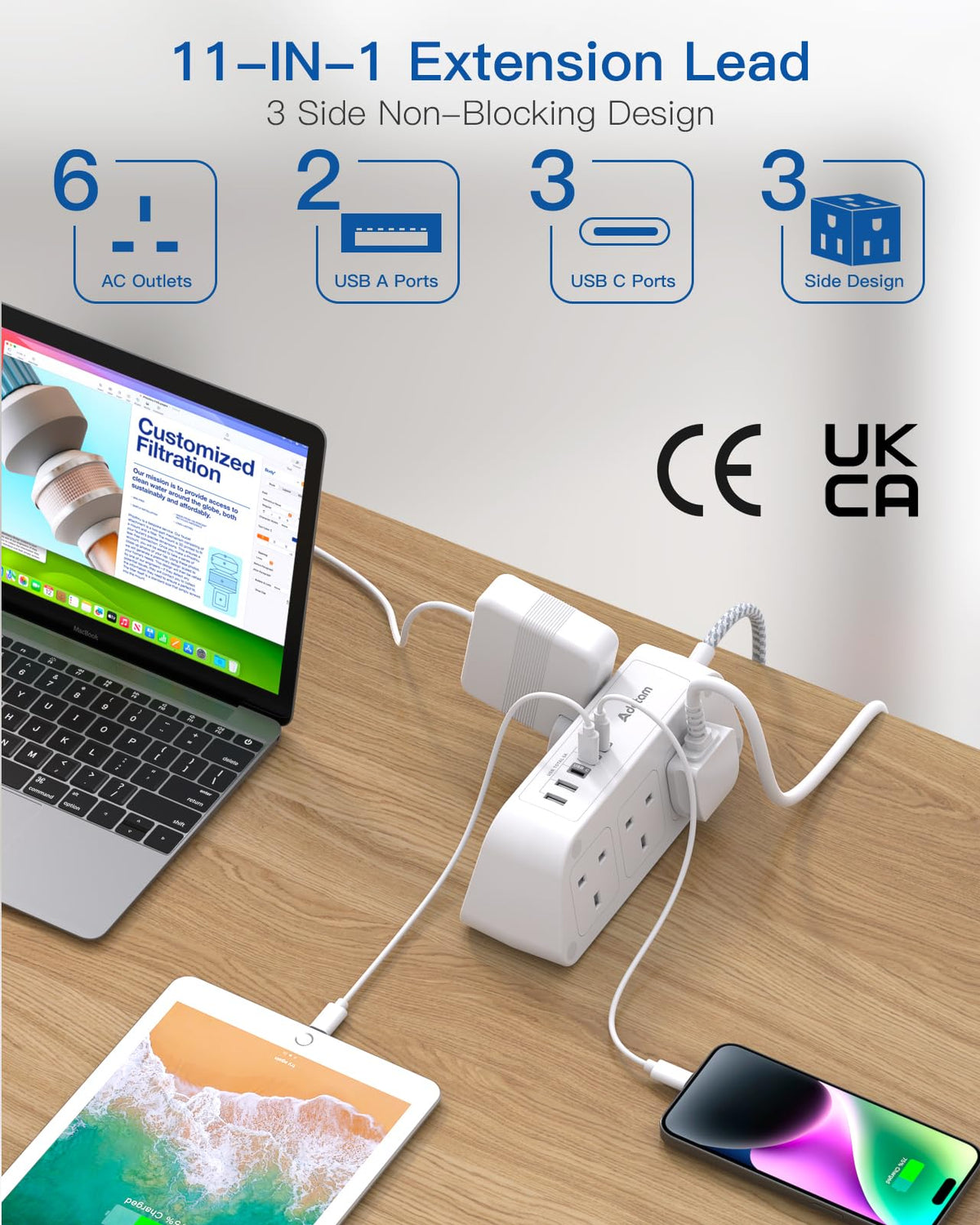 Addtam Extension Lead with USB Slots, 6 Way Outlets 5 USB(5A, 3USB- C Port)