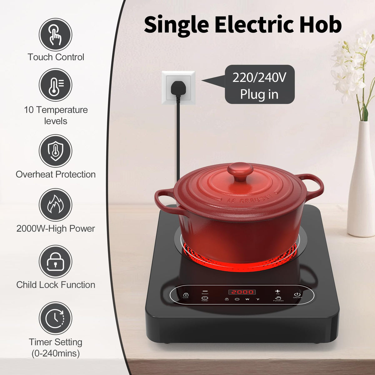 VBGK Double Induction Hob,220V 3600W 2 Ring Induction Hob with Knob Control,9 Power Levels, Kids Lock & Timer,LED Touch Control,Overheat Protection