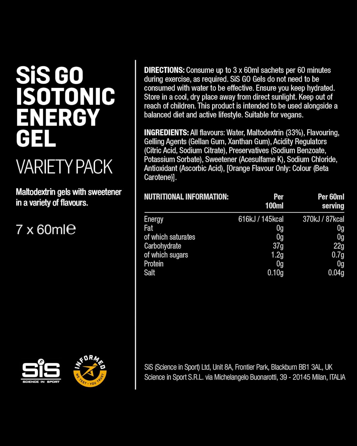 Science in Sport GO Isotonic Energy Gels Mixed, Mixed Flavours, 7 x 60ml