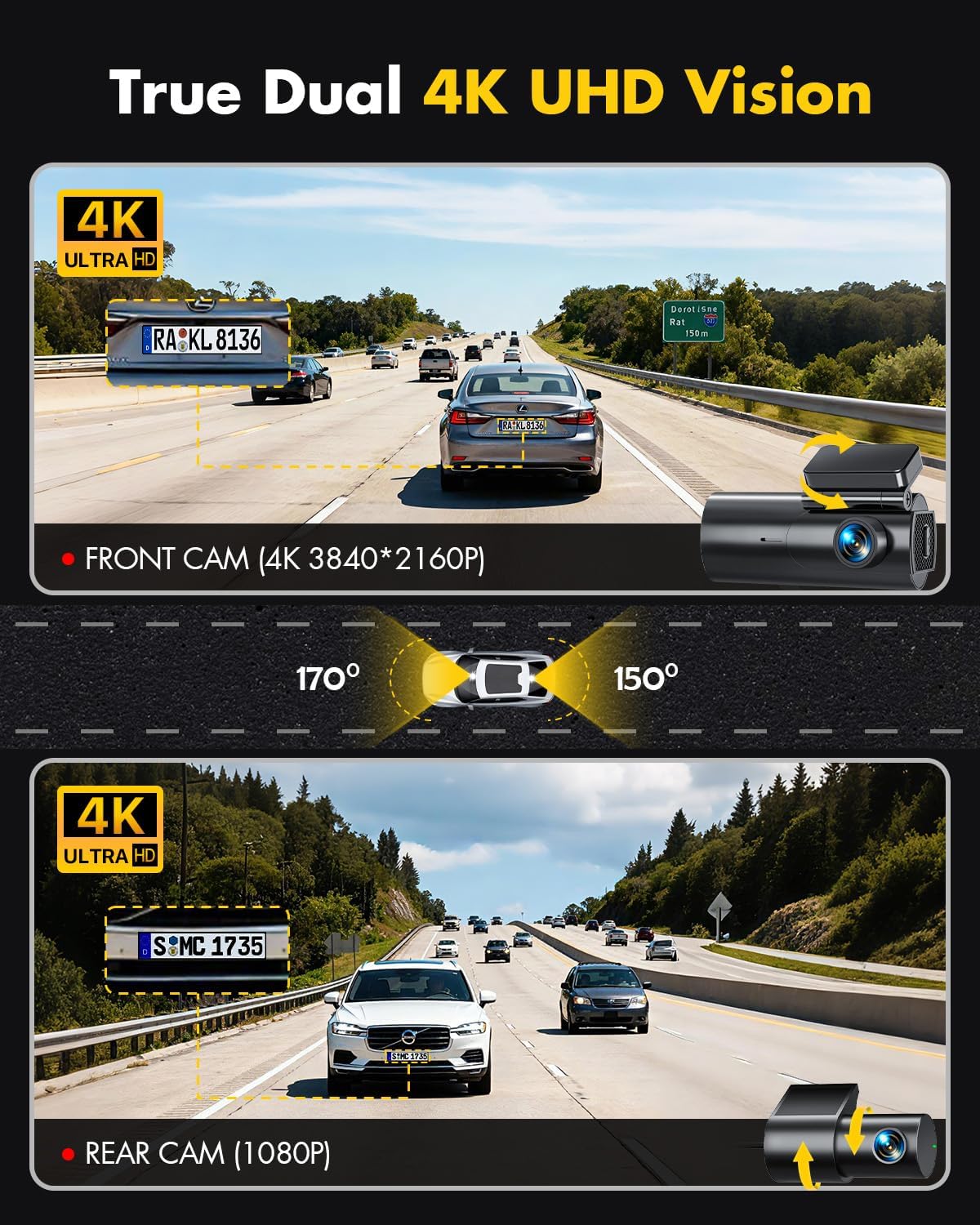 GKU 4K Dash Cam Front and Rear, 5GHz WiFi Dashcam with 64GB SD Card