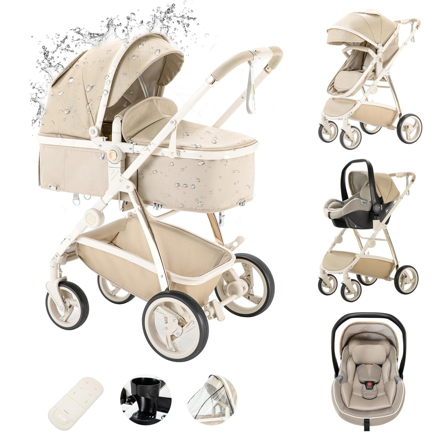 Zkipm Baby Pram 3 in 1, Foldable Baby Stroller,Pram Set Travel with Adjustable-Height Push Handle, Present Rain Cover, Mosquito Net, Bag, Cooling Mat, ect for Ages 0–3