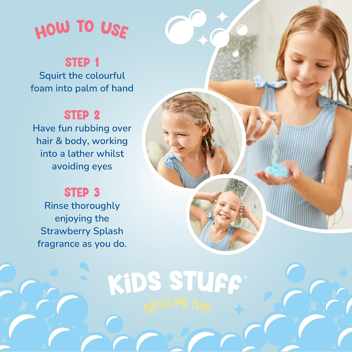 Kids Stuff Blue Wacky Whip Foaming Hair & Body Wash with Strawberry Splash Fragrance | Dermatologically Tested Kids Hair & Body Wash | Gently Cleanses Hair & Skin | Vegan | Cruelty Free | 200ml