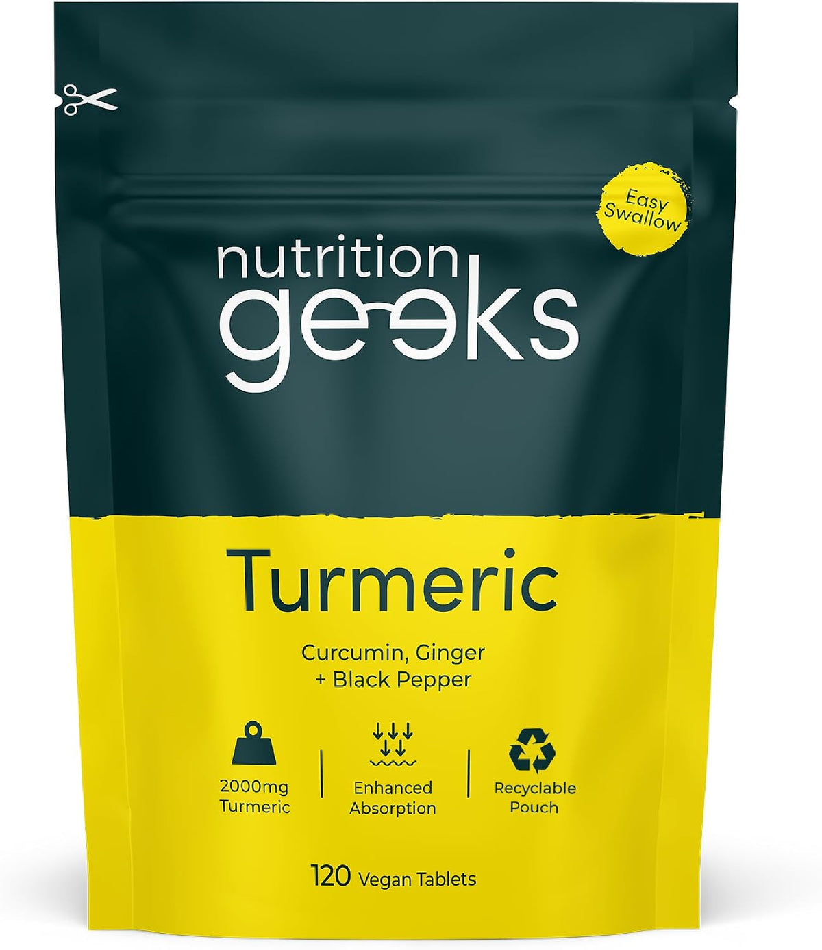 Turmeric Tablets 2000mg with Black Pepper & Ginger - 120 High Strength Curcumin Supplements - Easy Swallow Tablets (Not Turmeric Capsules or Powder) - Vegan - UK Made