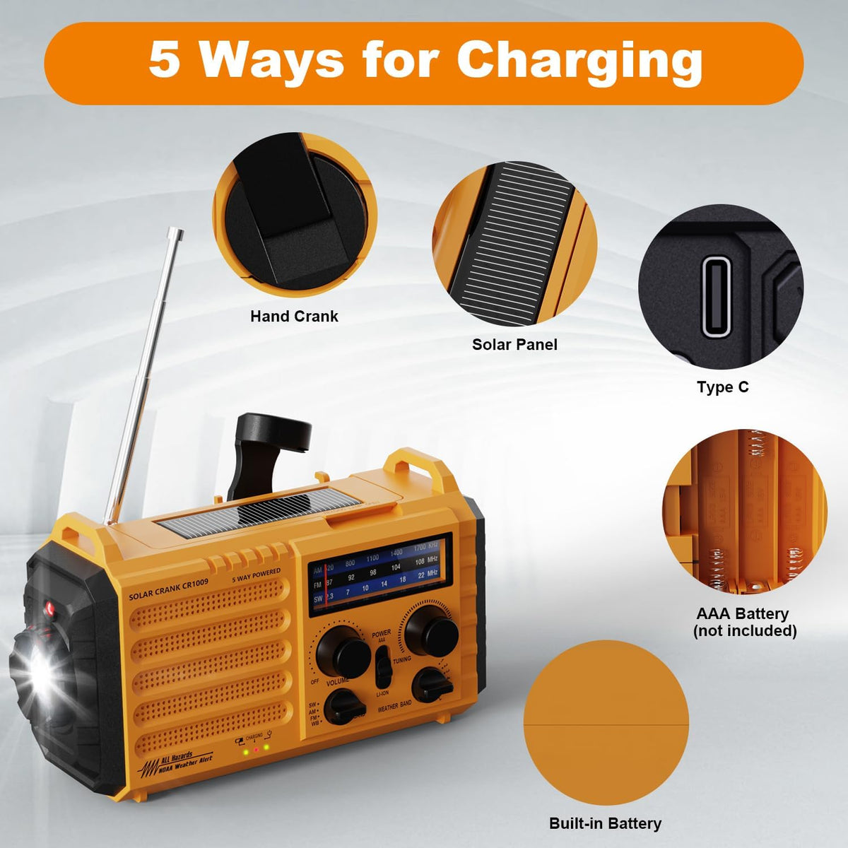 Mesqool Wind Up Radio Solar Powered, 5000mAh Emergency Hand Crank AM FM Radio with Flashlight, Reading Lamp, USB Phone Charger, SOS Alarm and Compass