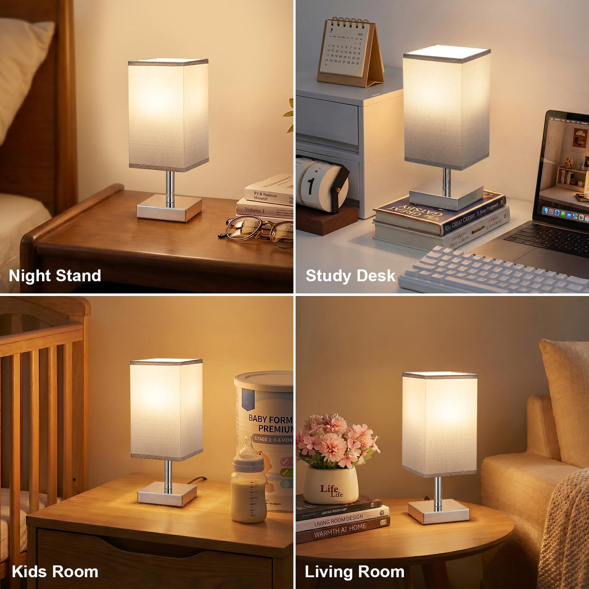White Table Lamp for Bedroom, Small Bed Lamp with for Bedroom, Silver Base(Bulb Included)
