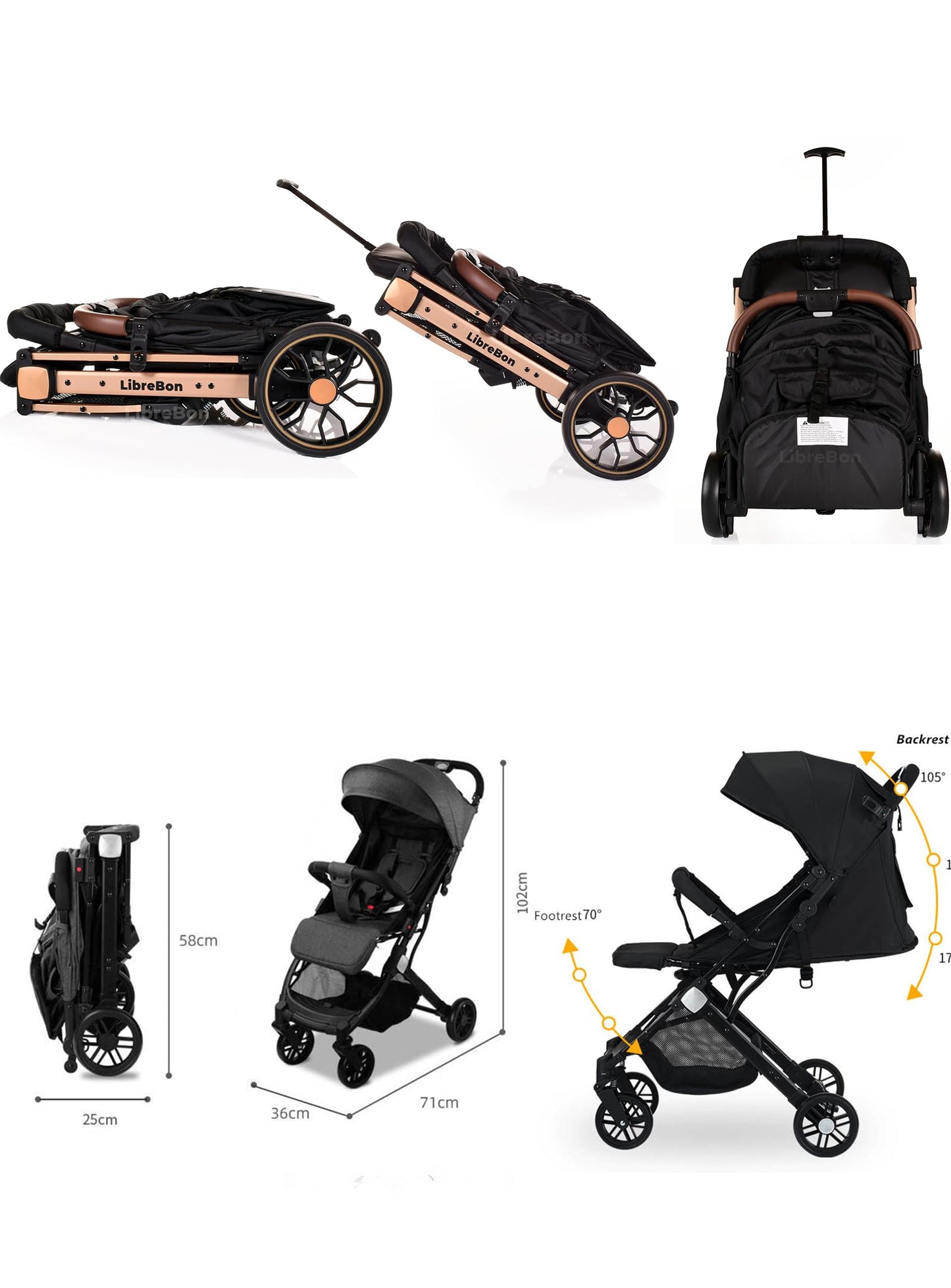 Lightweight Stroller, Baby Pushchair, Compact Travel Buggy, One Hand Foldable, Upgraded Wheels, Four Seasons Stroller, Foot Cover, Mommy Bag, Rain Cover (Pink - Rose Gold Frame)