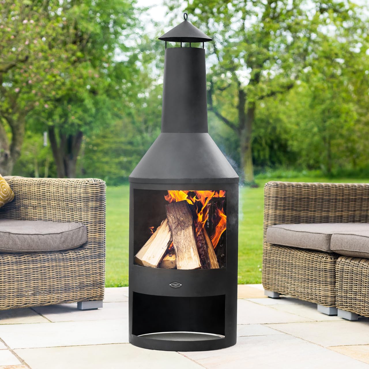 Harrier Steel Chiminea Fire Pits - Small/Medium/Large Outdoor Log Burner | Steel Chiminea Patio Heater with Log Store| Elevate Your Outdoor Ambiance (Medium Chiminea)