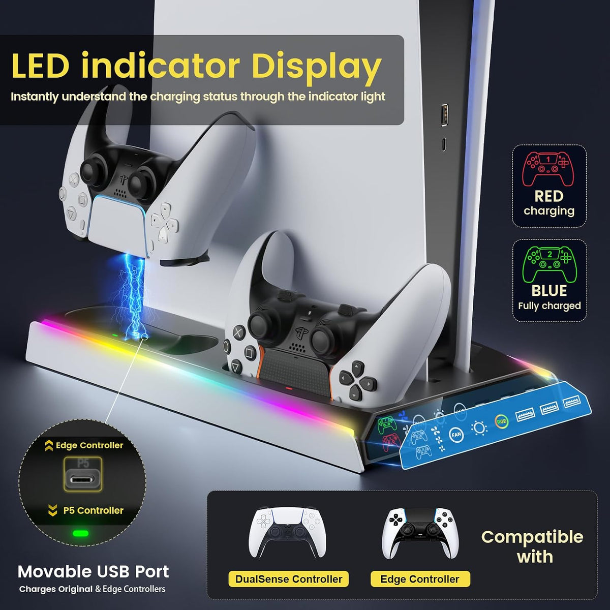 Fenolical PS5/Slim/Pro Stand with Adjustable Cooling Fan, Vertical PS5 Cooling Charger Stand for PS5/Slim/Pro, Multifunctional PS5 Slim Cooling Station with Dual Controller Chargers and RGB Light