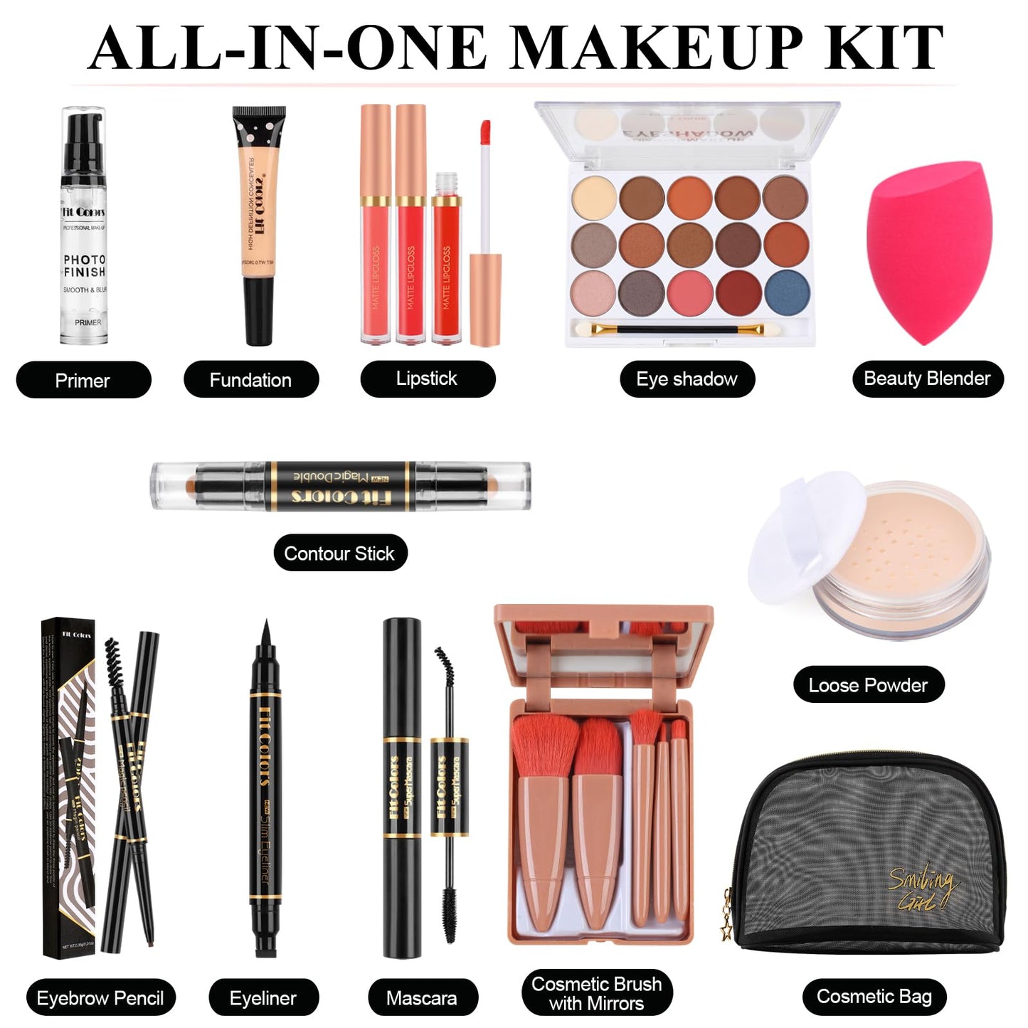 LYMYBETY Makeup Set, Cosmetic Make Up Starter Kit With Storage Bag Portable Travel Make Up Palette Eyeshadow Foundation Lip Gloss for Teenage & Adults (Style B), 1.0 count