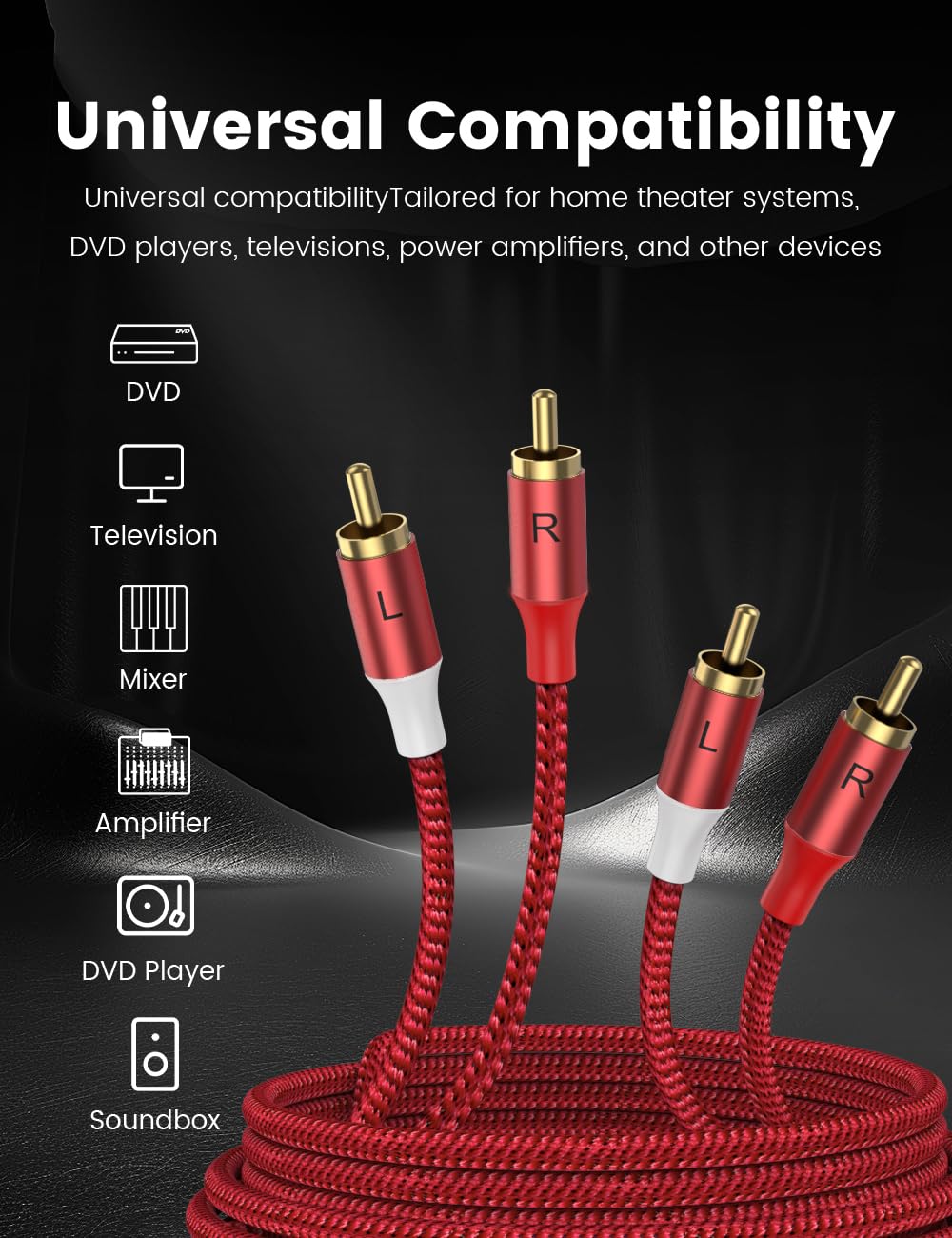 MOSWAG RCA Stereo Cable,2-Male to 2-Male RCA Audio Stereo Cable 10Ft/3M,rca Cord Auxiliary Audio Cord Nylon Braided for Home Theater, HDTV, Amplifiers, Hi-Fi Systems, Car Audio, Speakers