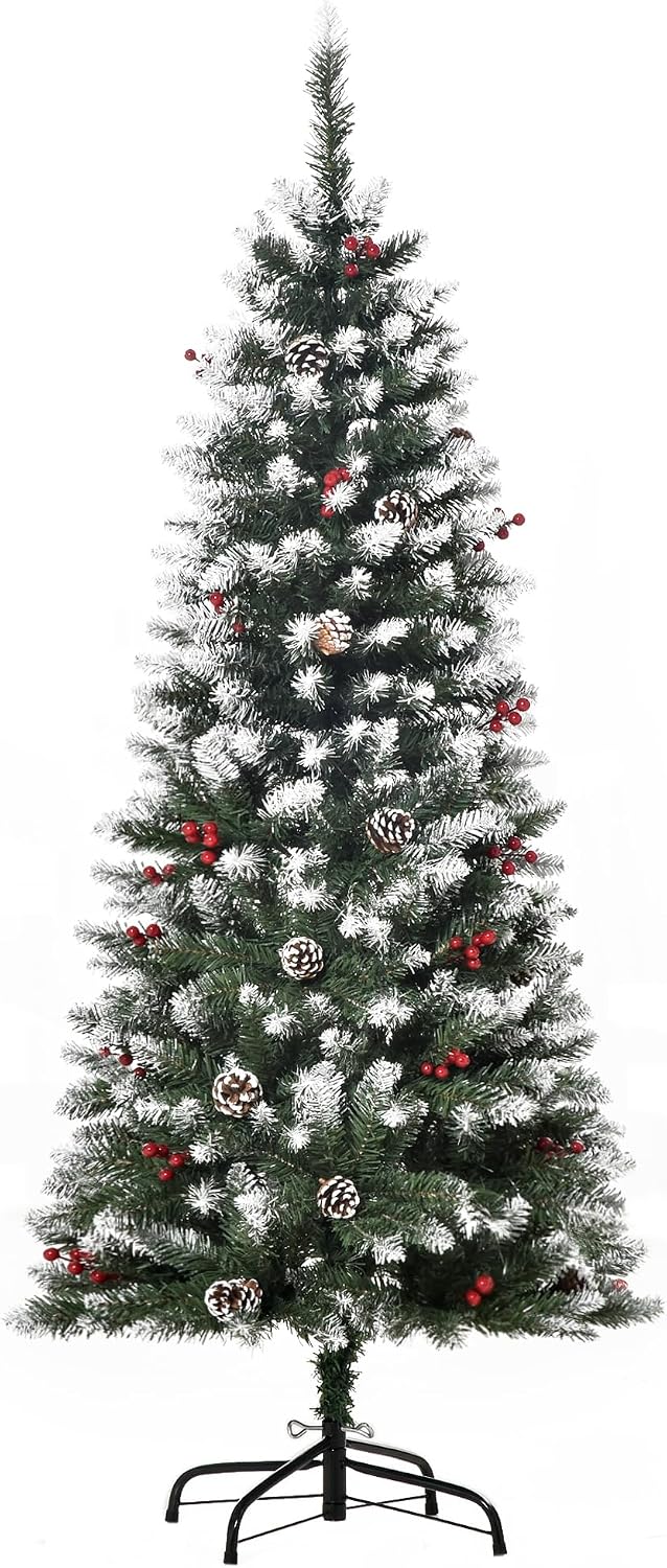 HOMCOM 5FT Artificial Christmas Tree Xmas Pencil Tree Red Berries Green