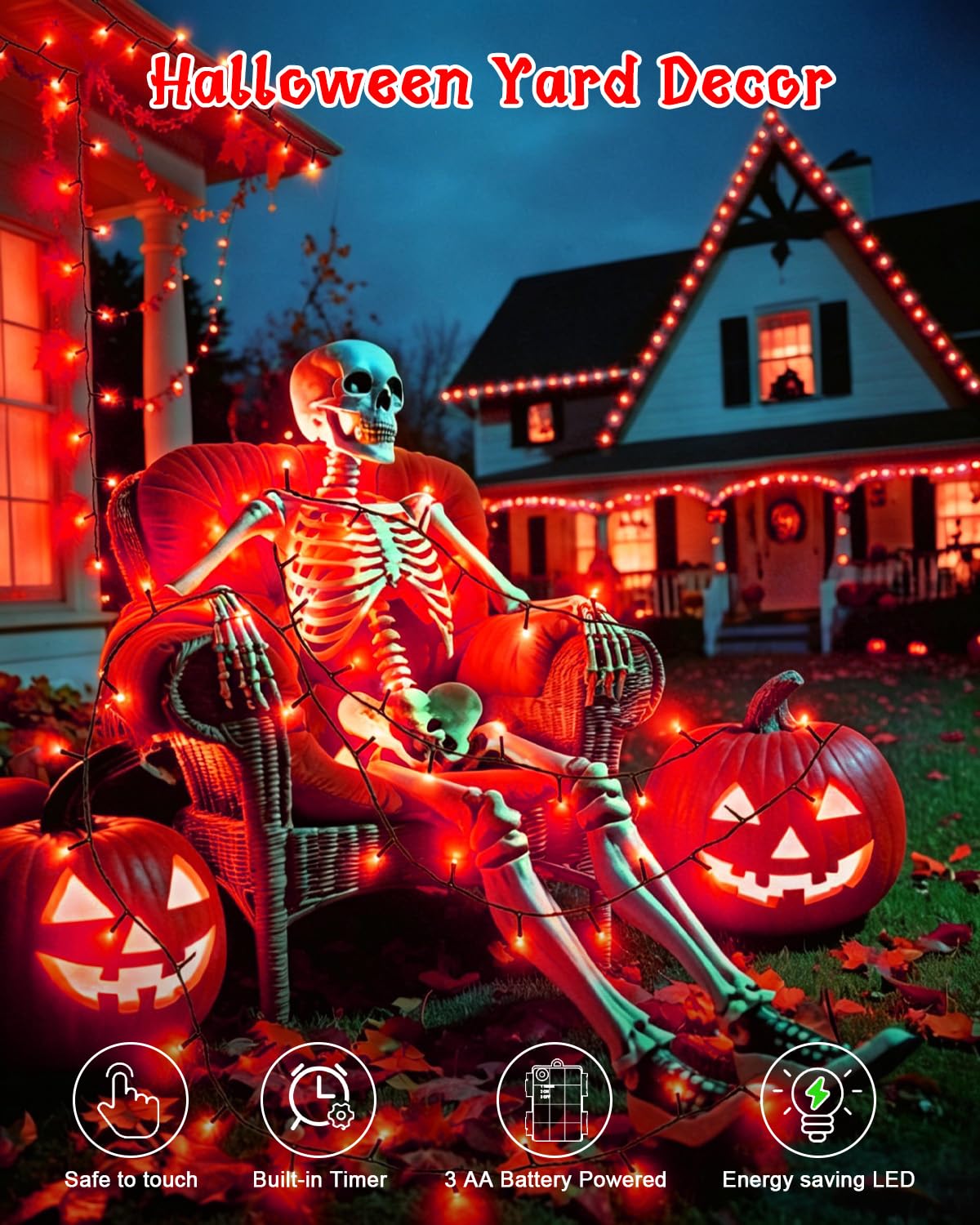 Dalugo Halloween Decoration Lights, 5M 50 LED Orange Purple White Fairy Lights with Timer, IP65 Waterproof Battery Powered Lights for Indoor Outdoor Autumn Halloween Decorations(Green Wire)