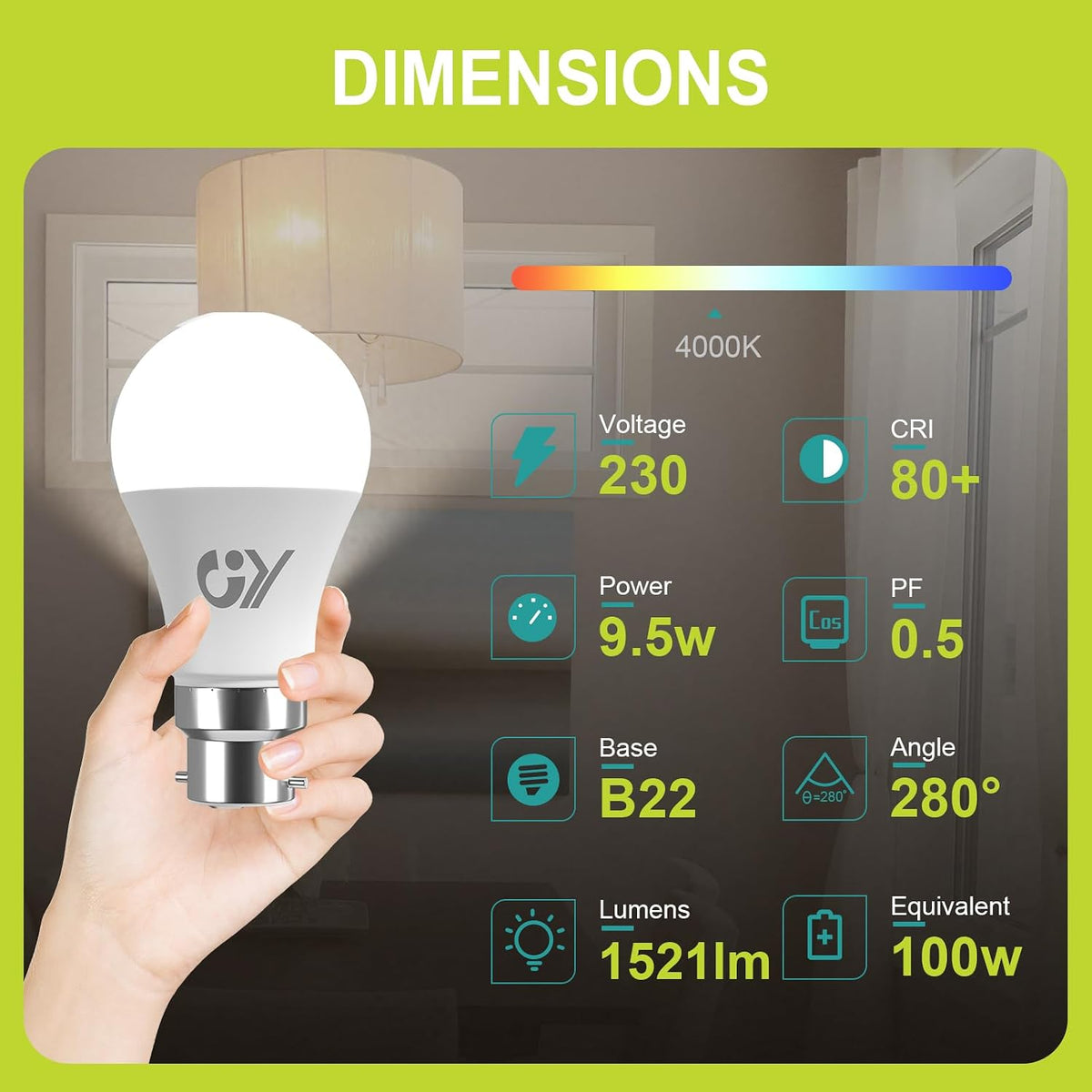 GY Bayonet Light Bulbs Neutral White 4000K B22 LED Bulbs,9.5W 1521 Lumen Ultra Bright Energy Saving 100W Equivalent,Non-dimmable,2-Pack