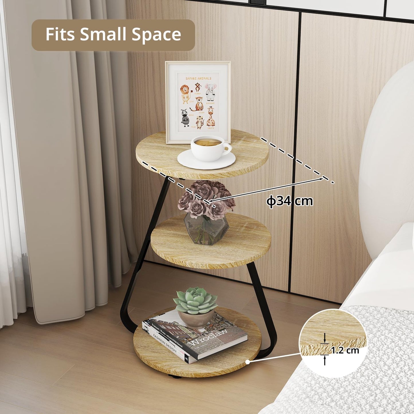 ARTETHYS Side Table, Small Round Coffee Table with 3 Color LED Lights, End Table with 3 Tier Storage Shelves, Bedside Sofa Side Tables for Living Room Bedroom, Rustic Brown