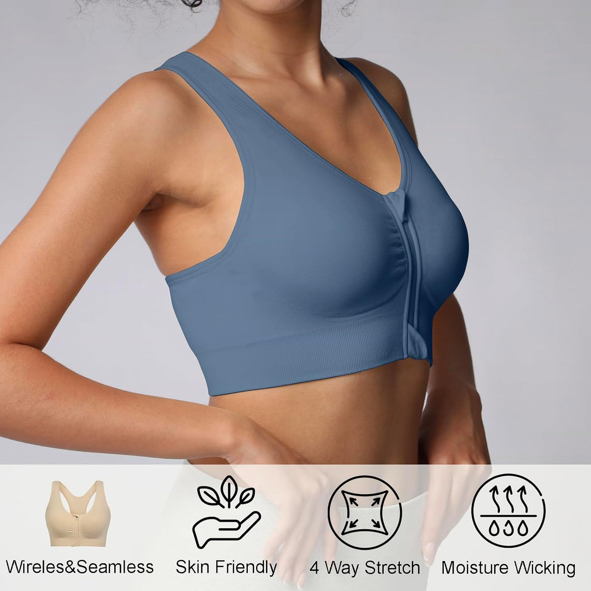 Lemef Front Zipper Sports Bras High Impack Post Op Compression Bras for Women Post Surgery Wireless Racerback Yoga Bra